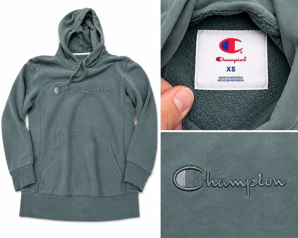 Champion Sage Green Embroidered Script Logo Hoodie XS Fleece Pullover